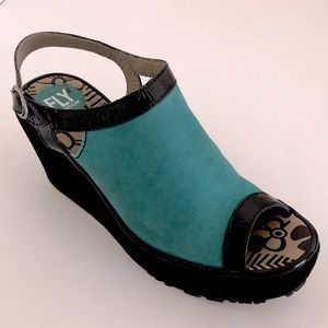 Fly London teal sandal platform sling backs 9